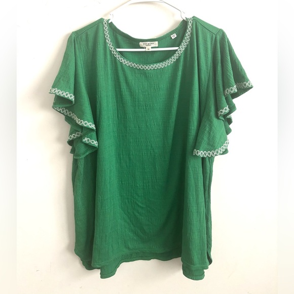 Max Green Flutter Sleeve Top Boho Cottagecore Embroidered Trim Blouse Vibrant 3X - Picture 1 of 6